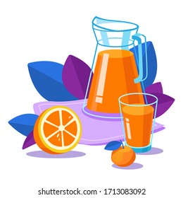 Jug and glass of tasty orange juice. Healthy food. Still life food with fresh juicy bright oranges. Breakfast. Half.
