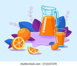 Jug and glass of tasty orange juice. Healthy food. Still life food with fresh juicy bright oranges. Breakfast