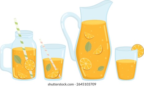 Jug, glasses and jar of orange lemonade or juice isolated on white. Various containers of summer drink with orange slices and mint