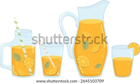 Jug, glasses and jar of orange lemonade or juice isolated on white. Various containers of summer drink with orange slices and mint