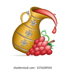 A jug with grape juice, and a grape cluster
