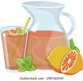 Salto con zumo de pomelo, bebida de verano, pomelo liso en una jarra y un vaso, zumo de pomelo y menta
