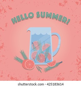 Jug of grapefruit and rosemary infused water. 'Hello Summer' poster in vintage style. Vector illustration.