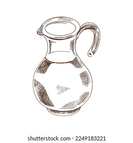 Esbozo monocromo de vector dibujado a mano de jug. Esbozo retro de descafeinado de leche. Ewer, utensil, elemento de diseño de utensilios de cocina. Platos vintage de fondo blanco