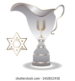 A jug with a handle decorated with a minor - silver, gold, the Star of David - isolated on white background - vector. Hanukkah. Religion. Tradition.