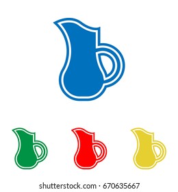 Jug icon illustration. Vector. Big blue flat icon with red, green and yellow small icons at white background. Isolated.