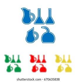 Jug icon illustration. Vector. Big blue flat icon with red, green and yellow small icons at white background. Isolated.