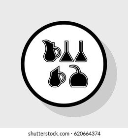 Jug icon illustration. Vector. Flat black icon in white circle with shadow at gray background.