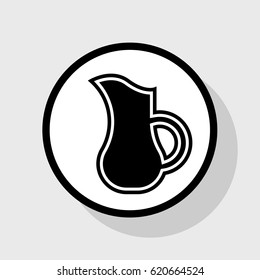 Jug icon illustration. Vector. Flat black icon in white circle with shadow at gray background.