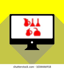 Jug icon illustration. Vector. Red icon on white monitor of black all-in-one desktop computer with two shadows at yellow background.