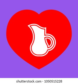 Jug icon illustration. Vector. White icon in red heart at lavender background.