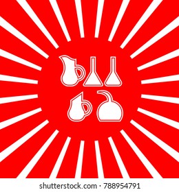Jug icon illustration. Vector. White icon on red sun with rays as background. Isolated.