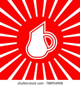 Jug icon illustration. Vector. White icon on red sun with rays as background. Isolated.
