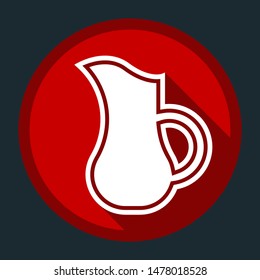 Jug icon illustration. White icon with shadow on round red button at dark cyan background. Illustration.