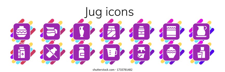 conjunto de iconos de jug. 14 iconos de jarra rellenos.  Iconos modernos sencillos como: Vase, Leche, Jug, Leche, Taza de medida, Miel, Afección