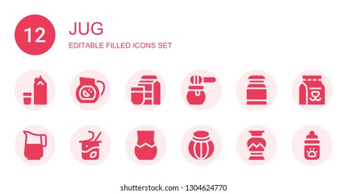 jug icon set. Collection of 12 filled jug icons included Milk, Sangria, Honey, Jug, Yogurt, Vase, Pottery, Greek vase, Milk bottle
