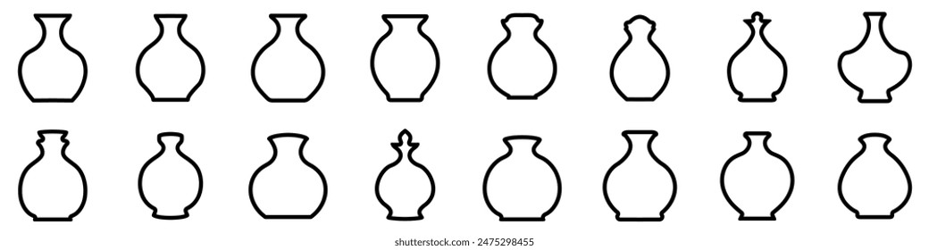Jug icon. Set of various black silhouettes of pottery. Vector illustration. Linear icons of amphoras