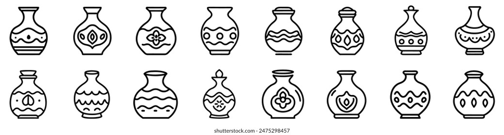 Jug icon. Set of various black silhouettes of pottery. Vector illustration. Linear icons of amphoras with different patterns.