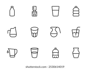 Jug icon, Water bottle, Plastic bottle, glass icon vector set design with Editable Stroke. Line, Solid, Flat Line, thin style and Suitable for Web Page, Mobile App, UI, UX design.