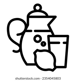 Jug of juice, glass and lemon line icon, summer time concept, Lemonade sign on white background, Glass Jug with citrus juice icon in outline for mobile web design. Vector graphics.