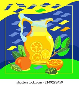 Jug with juice and oranges on an abstract background. Vetkorny illustration of fruit and drink in a jug of orange color.