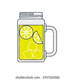 Jug lemonade with chunks of citrus and ice. Line art in flat style. Modern stylish liquid jar. Restaurant beverage illustration. Lemon with chilled juice. Outline icon isolated on white background.
