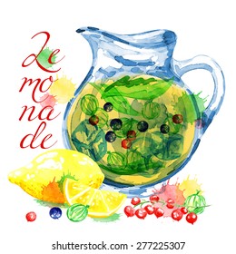 Jug and lemonade. Fresh juice. Lemon and mint. Vector watercolor. Isolated. Food background. Tea time. Berries.