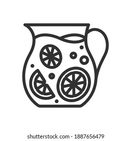 Jug with lemonade, fresh juice, linear icon. Line with editable stroke