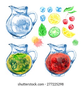 Jug and lemonade. Fresh juice. Vector watercolor. Isolated. Food background. Tea time. Fruits and berries. Ice. Cherry, lemon, kiwi.