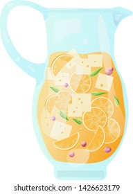 Jug with lemonade with ice and oranges