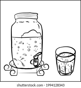 jug for lemonade. jar with a tap. summer. cool drinks. glass with fruit drink. mint, lemon. hand line. black and white sketch. vector eps 10. print.