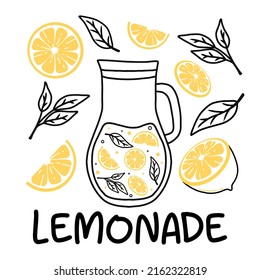 Jug with lemonade. Lemonade with lemon slices and mint. Homemade drink. Vector illustration in doodle style.