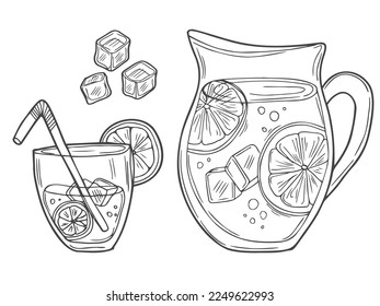 Jug with lemonade. Lemonade with lemon slices and mint. Homemade drink. Vector illustration in doodle style.