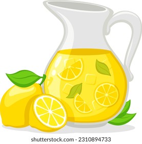 Jug with lemonade and lemons close-up on a white background.
