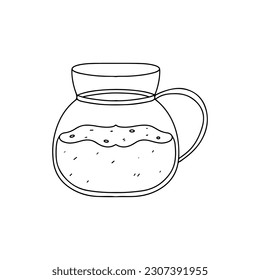 Jug with liquid in hand drawn doodle style. Vector illustration isolated on white. Coloring page.