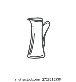 Jug for liquid vector graphic illustration. Hand drawn pot, vase for flowers bouquet. Dishwear for milk, juice or water isolated drawin doodle. Black and white clipart for card, sticker and printing.
