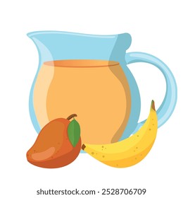 jarro com manga e frutas de banana sobre fundo branco, ilustração vetorial.