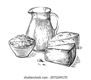 jug of milk with cottage cheese and a piece of cheese sketch