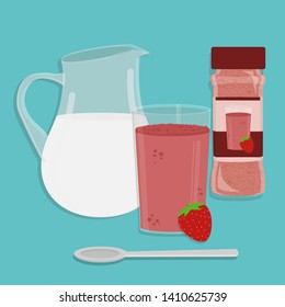 Jug of milk, cup of strawberry milk and strawberry powder packing. Spoon in front of the cup. Blue background.