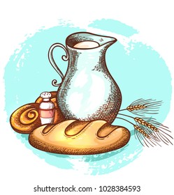 Jug of milk and fresh bread on a blue background. Dairy and bakery products. Hand drawn vector illustration.