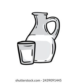 Jarra de leche y vaso. Ilustración dibujada a mano del vector brillante aislada sobre fondo blanco.