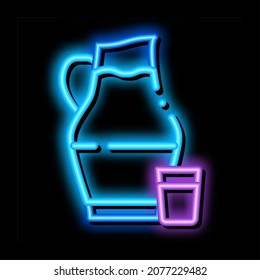 jug with milk and glass neon light sign vector. Glowing bright icon jug with milk and glass sign. transparent symbol illustration