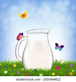 Jug With Milk And Grass And Flowers With Gradient Mesh, Vector Illustration