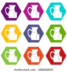 Jug of milk icon set many color hexahedron isolated on white vector illustration