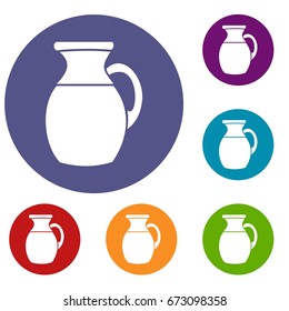 Jug of milk icons set in flat circle red, blue and green color for web