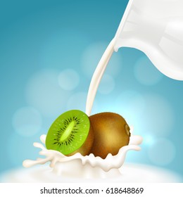 Jug of milk and kiwi, fruit milkshake. Realistic kiwi and milk splashes. Vector.
