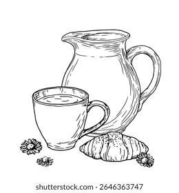 A jug of milk and a mug, next to a bun, a croissant, a black and white ink sketch. Vector illustration. Rustic breakfast, isolated on a white background. Chamomile tea in a cup and cute flowers