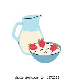 Jug of milk and porridge with strawberries