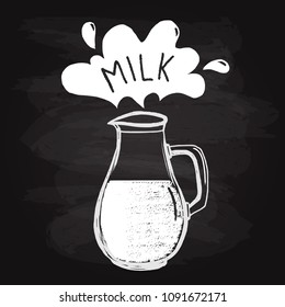 Jug of milk with a splash of milk and with the text in "milk" Vector illustration, drawn chalk on a black board