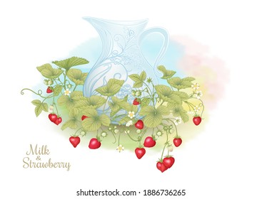 Jug of milk and strawberries. Clip art, elements for design. Graphic drawing, engraving style. Vector illustration.